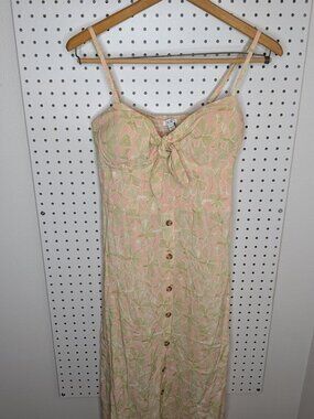 AUW Smocked Floral Midi Dress Cream Pink Button Front Cottagecore Coquette Large